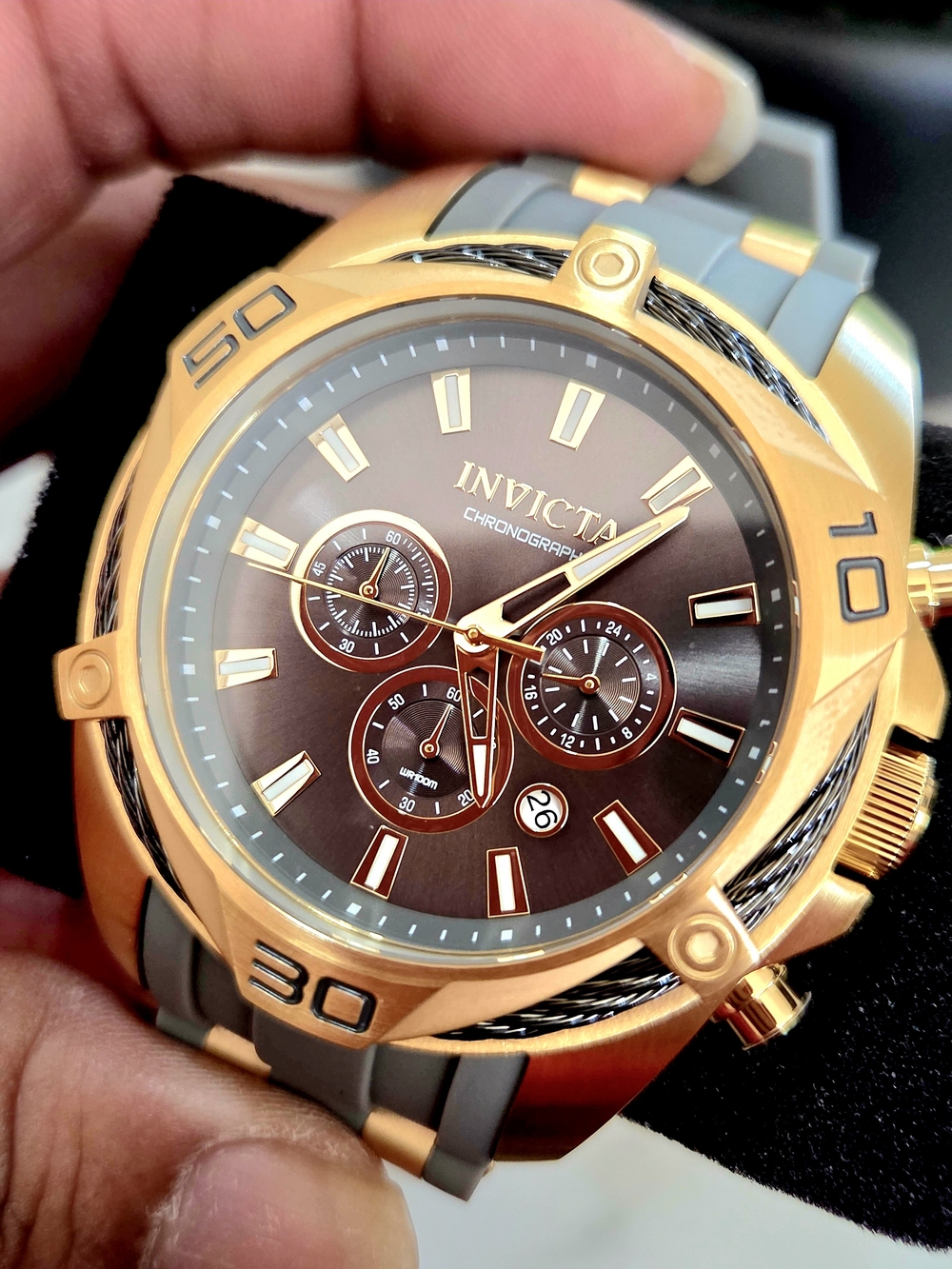 Invicta Gold-Tone Chronograph Watch with Charcoal Dial